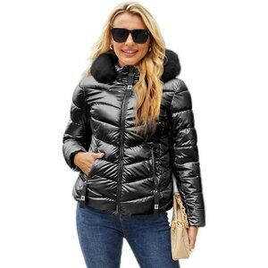 Women's Black 100% Polyester Shinny Winter Warm Quilted Zip-up Puffer Jacket